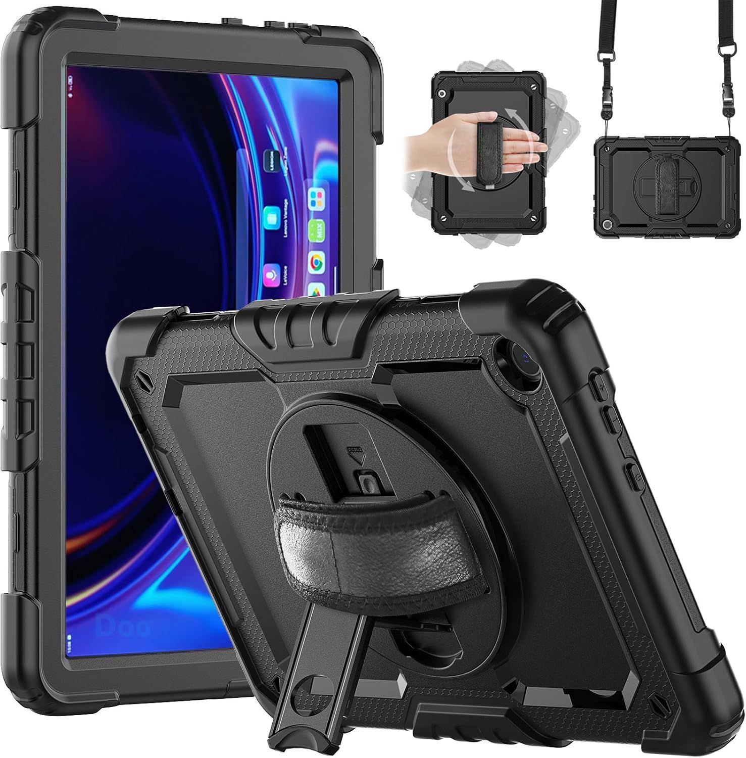 「内蔵スクリーンプロテクター」Doo Lenovo Tab B10 (3rd Gen) ケース 10.1型 ショルダーケース 360回転ベルトリング付き Lenovo Tab B10 (3rd Gen) タブレットケース 工事 現場用 （ブラック）
