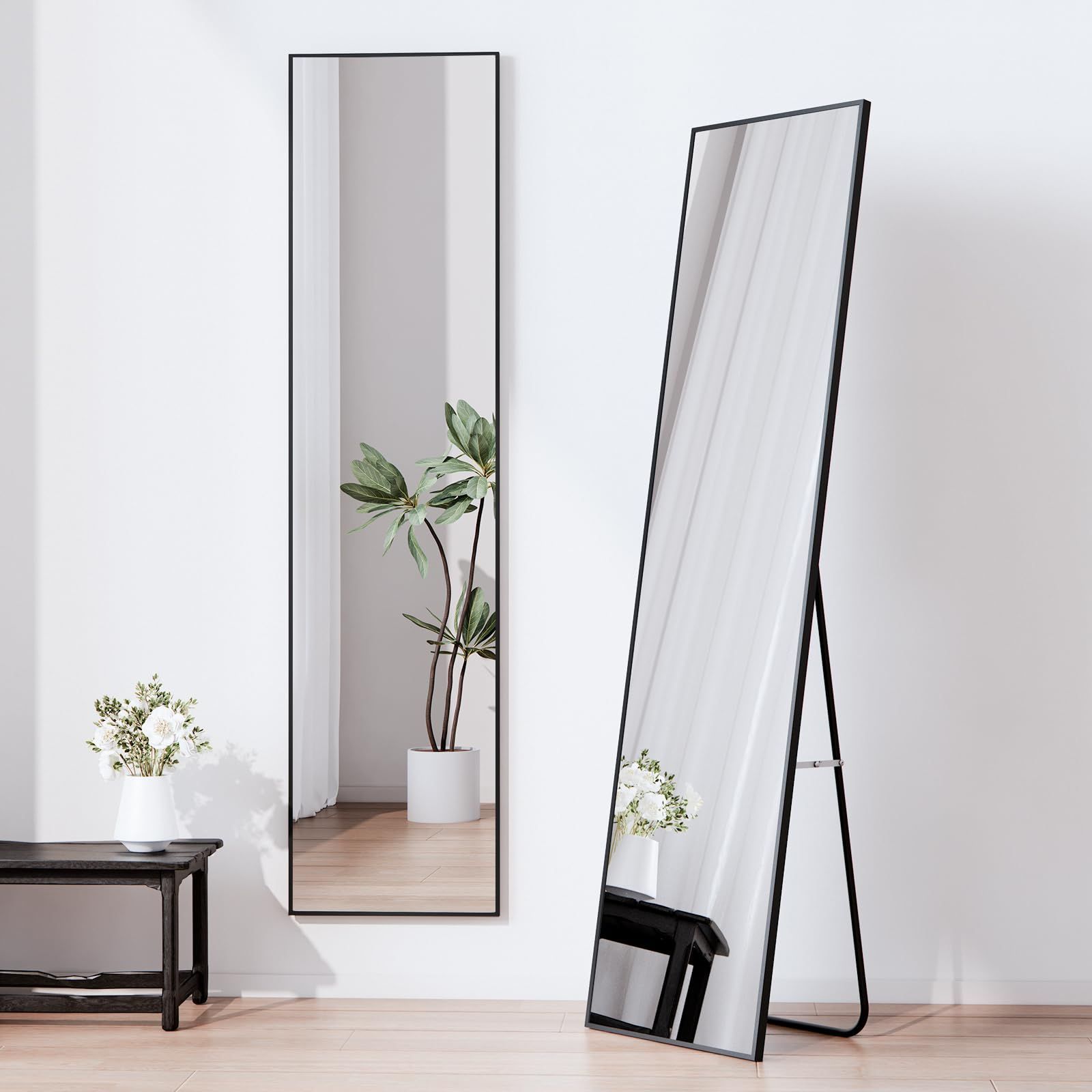 アルミ合金 30×120cm 薄型 直角型 軽量 完成品 自立 折りたたみ 大型 かがみ おしゃれ スタンドミラー 飛散防止 壁掛け 鏡 地震対策 姿見 ブラック 全身鏡