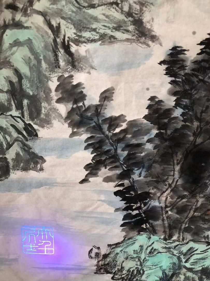 中国美術・純手描き四連山水画芯・水墨画・張大千印款・肉筆