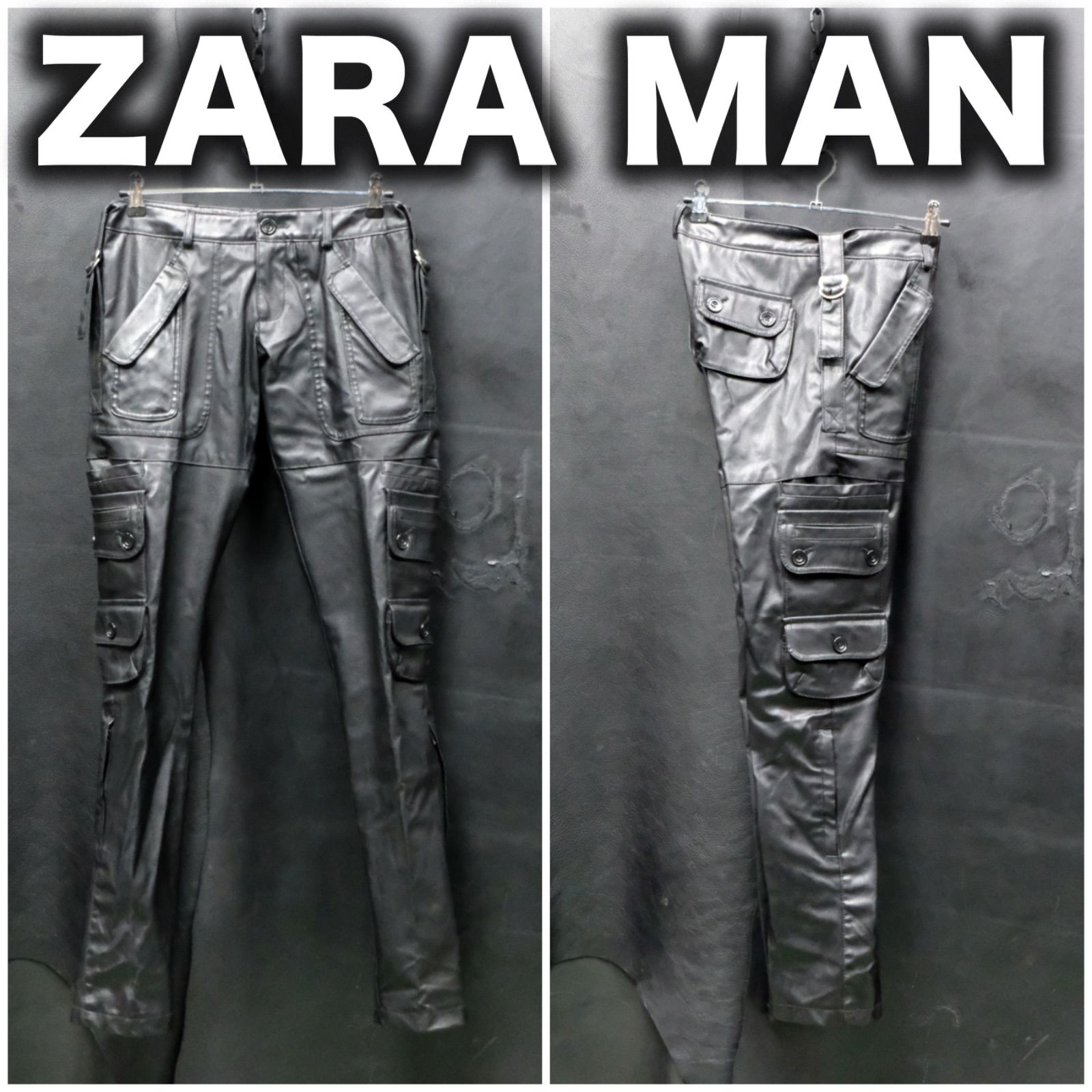 ZARA MAN PUレザー ギミックカーゴパンツ スリム US30/約82cm テック系 