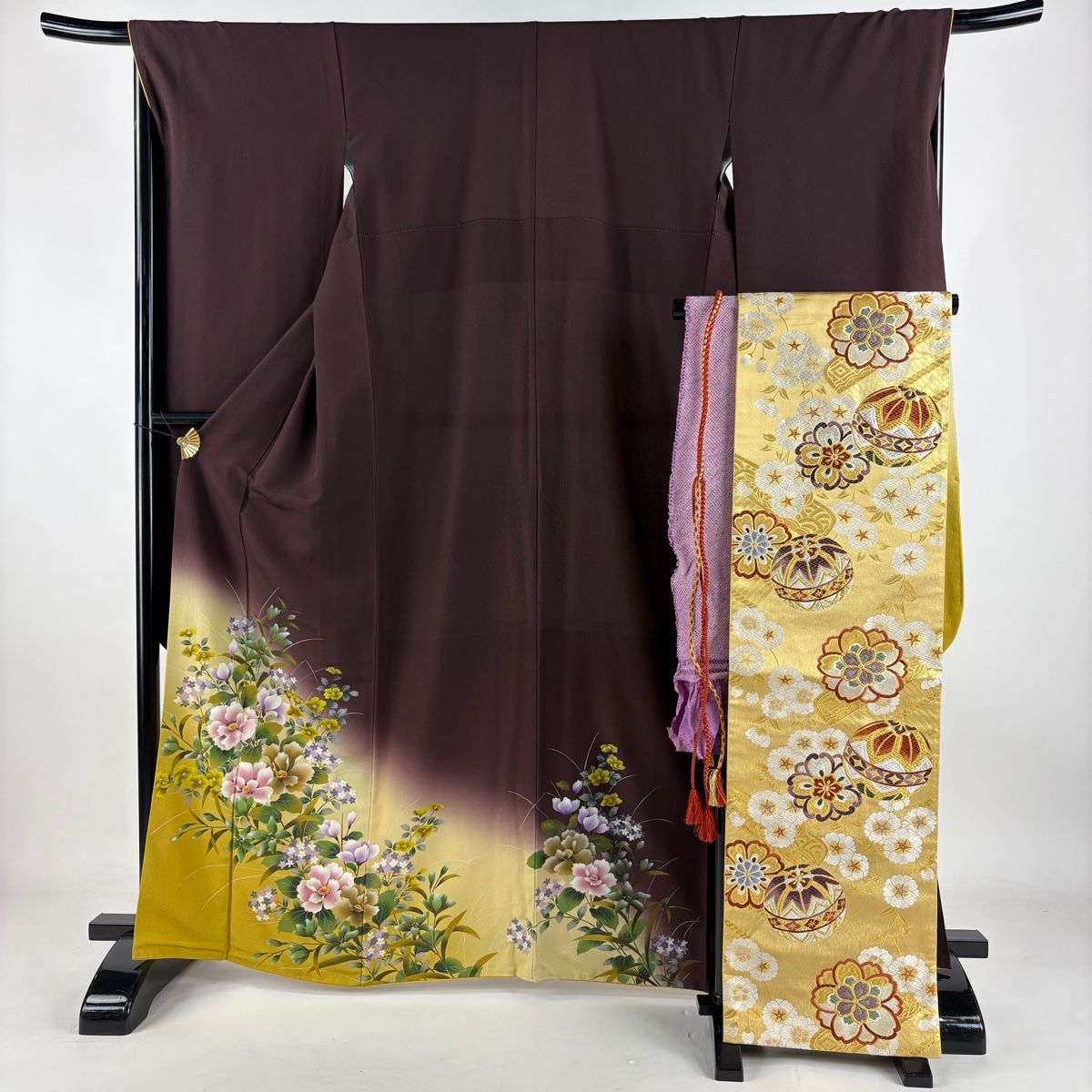 振袖 身丈165cm 裄丈68cm L 袷 袋帯フルセット 草花 ぼかし 金彩 茶紫 正絹 秀品
