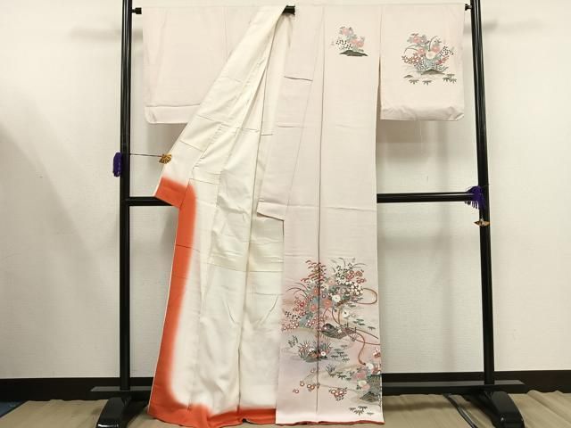 平和屋着物□訪問着 群鶴草花文 暈し染め 金彩 正絹 逸品