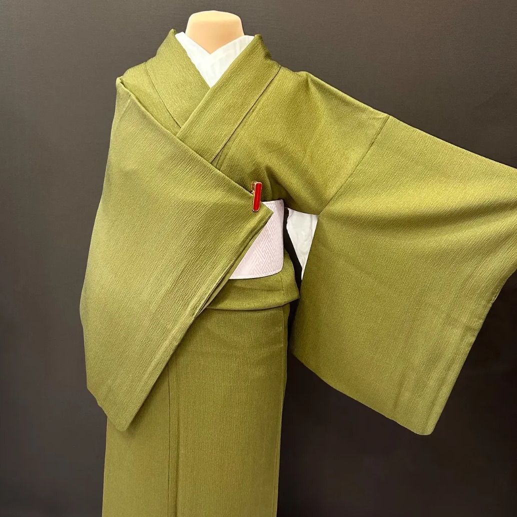 着物 色無地 抹茶色 正絹 袷 単衣 着物 色無地 フルセット 正絹 抹茶