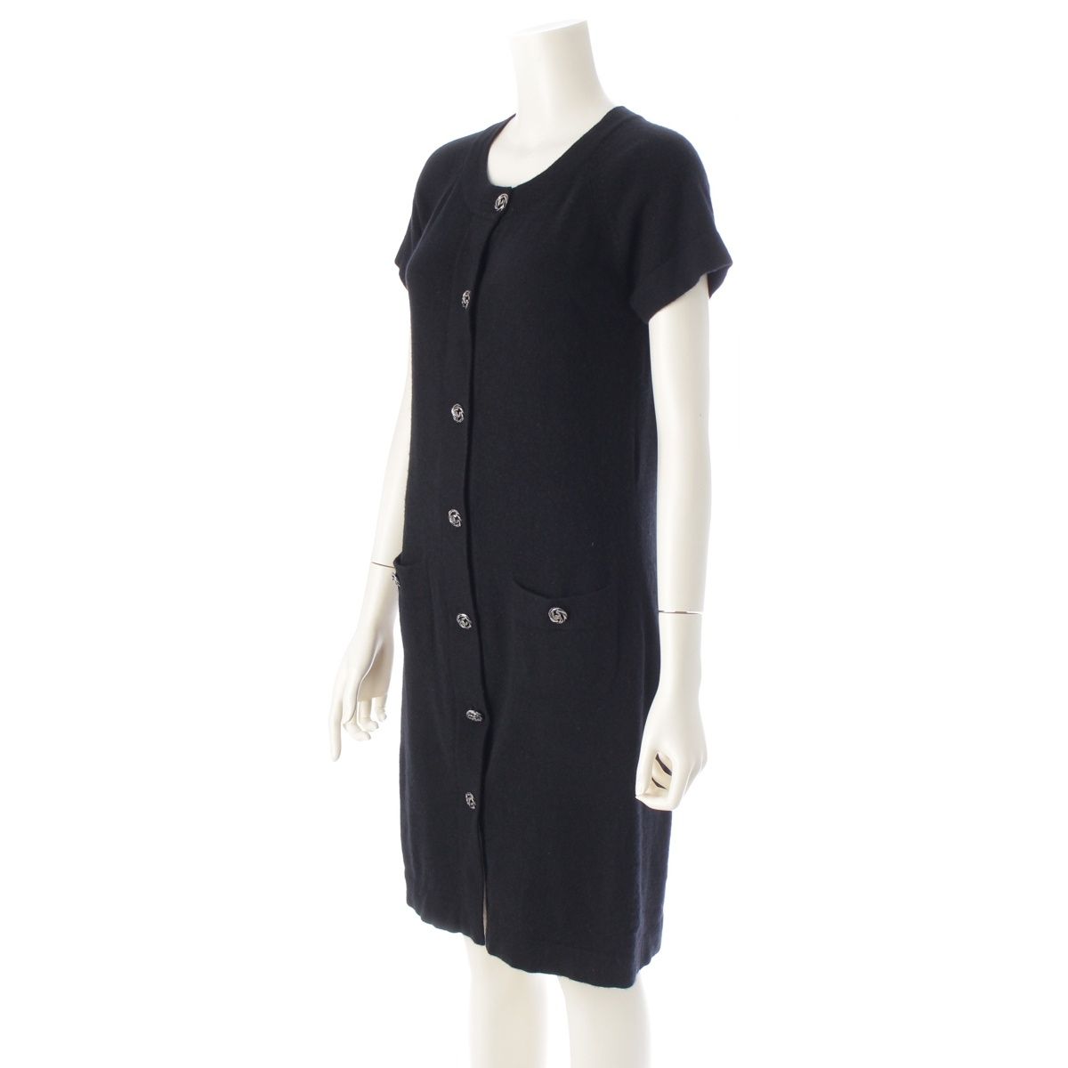 シャネル カシミヤ ニット ココマーク ボタン 半袖 ワンピース ドレス カーディガン P40777 ブラック 38