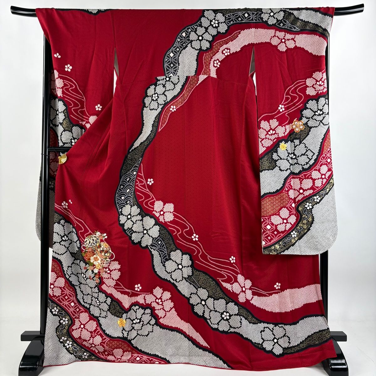 振袖 身丈170cm 裄丈69.5cm L 袷 手鞠 草花 金糸 刺繍 赤 正絹 秀品