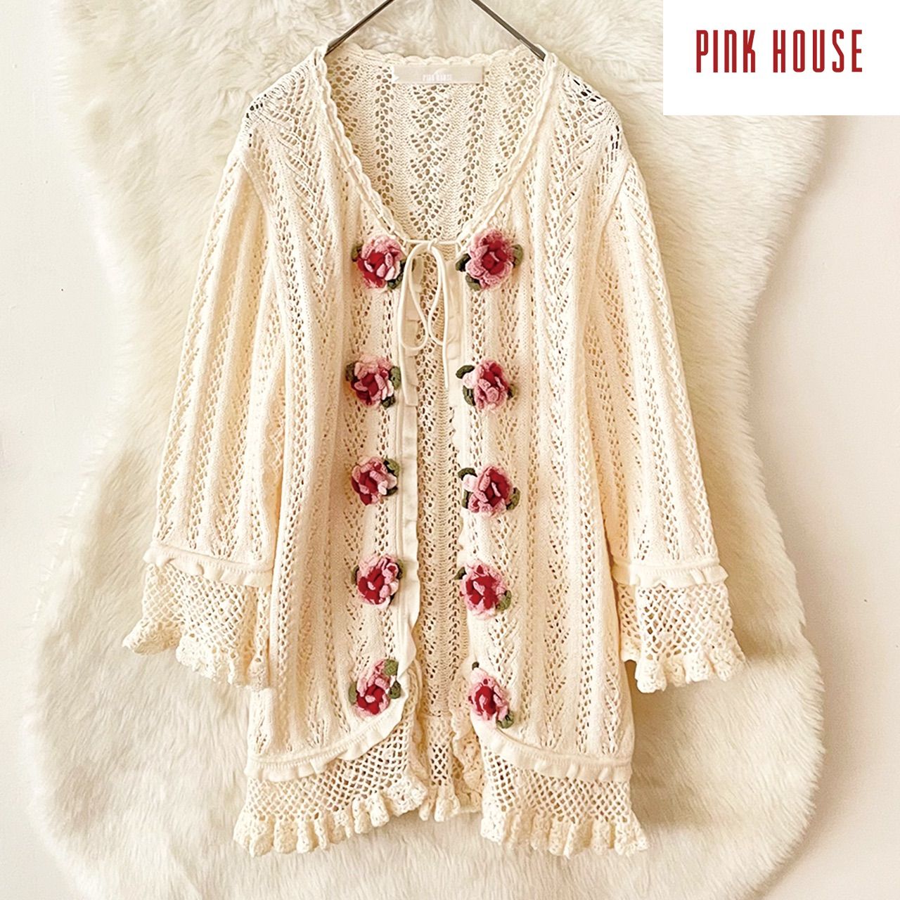 PINK HOUSE バラ刺繍 ローゲージニット カーディガンカーディガン