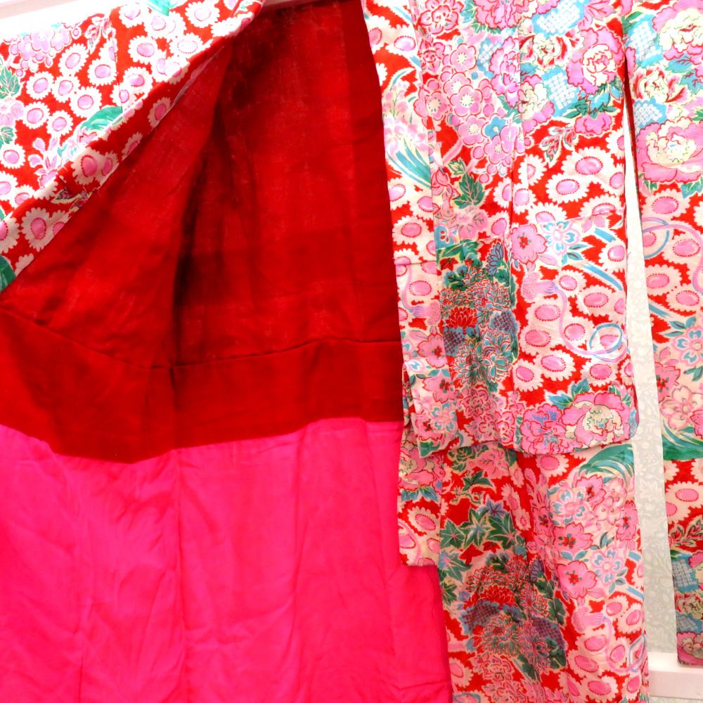 子供着物 アンティーク 昔 赤 白 ピンク 水色 緑 ベージュ 花々 花玉 女児用 四つ身 総柄 レトロ 上げあり STEELWINDOWSANDDOORS_COM