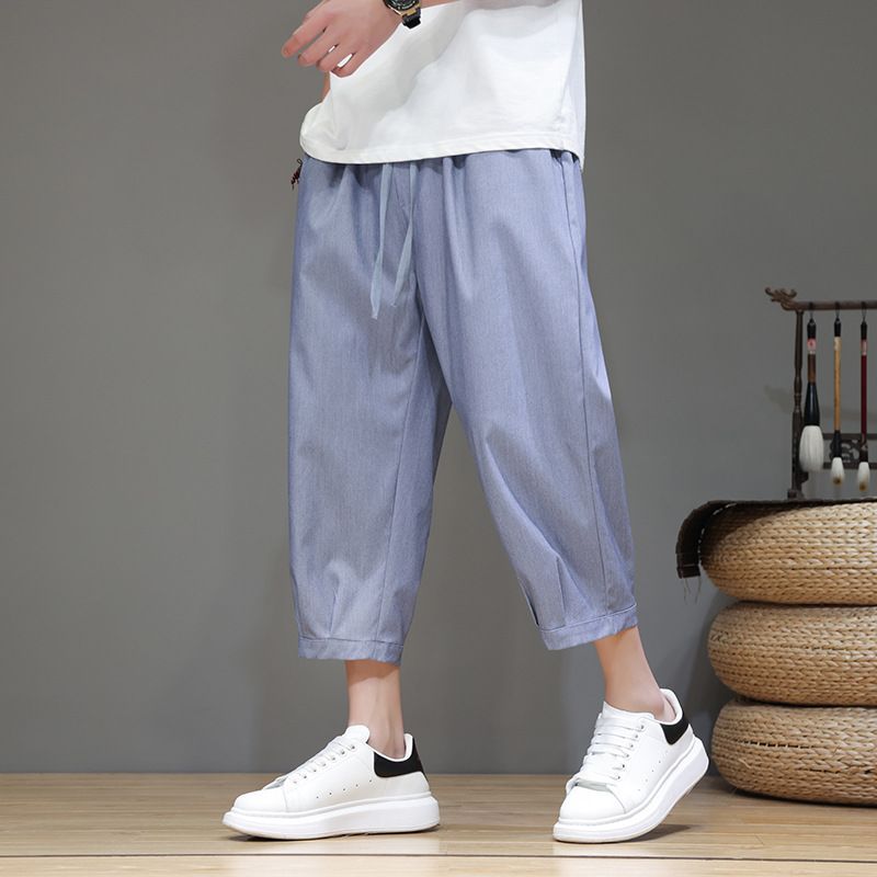 夏物クロップドパンツ夏涼しい新品 メンズ　カジュアルパンツ　ボトムス　ショートパンツ　ハーレムパンツ ブルー