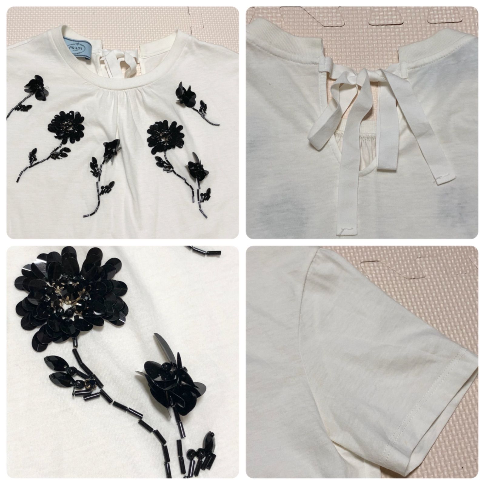 □良品□PRADA プラダ 半袖Tシャツ カットソー ビジュー・ビーズの花柄 