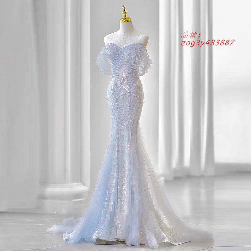 ドレス ロングドレス ブルーグレー マーメイドドレス オフショルダー 結婚式 発表会 ウェディングドレス 二次会 イブニングドレス ウエディングドレス zog3y483887