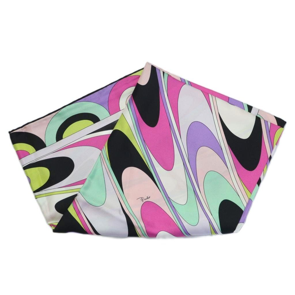 美品！　Emilio Pucci 幾何学模様 シルクスカーフ ピンク グリーン 美品！ Emilio Pucci 幾何学模様 シルクスカーフ ピンク グリーン