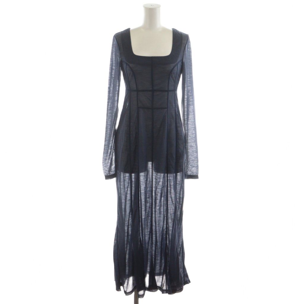 マメクロゴウチ Hybrid Yarn Wool Jersey Square Neck Dress ワンピース マキシ ロング 長袖 スクエアネック シアー シースルー 1 紺 ネイビー MM23FW-JS024 |AN37 GY52