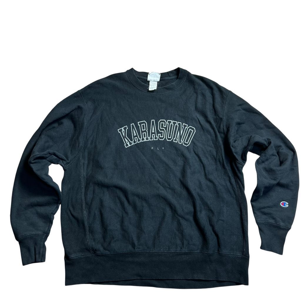 Champion リバースウィーブ スウェット KARASUNO 刺繍ロゴ ブラック XL相当 チャンピオン クルーネック トレーナー