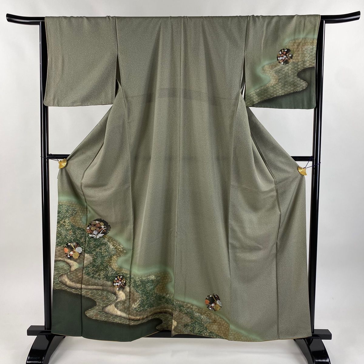 訪問着 身丈160cm 裄丈66cm M 袷 秋草 流水 金銀彩 ぼかし 灰緑 正絹 秀品