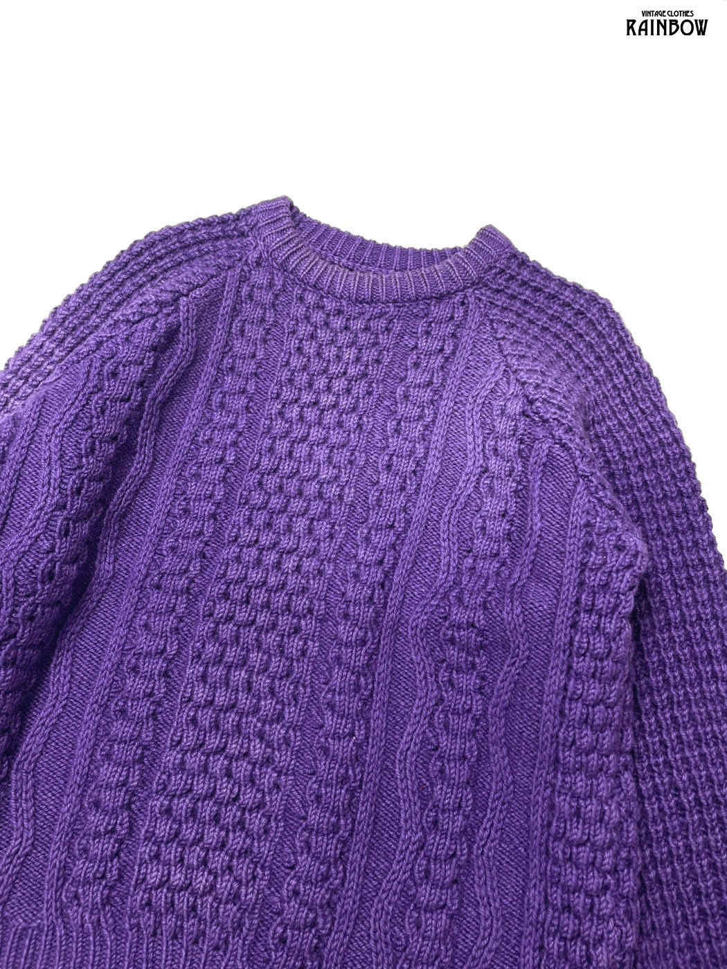 古着 ケーブル編み 無地 長袖 フィッシャーマンニット セーター 紫 ttu 2509005