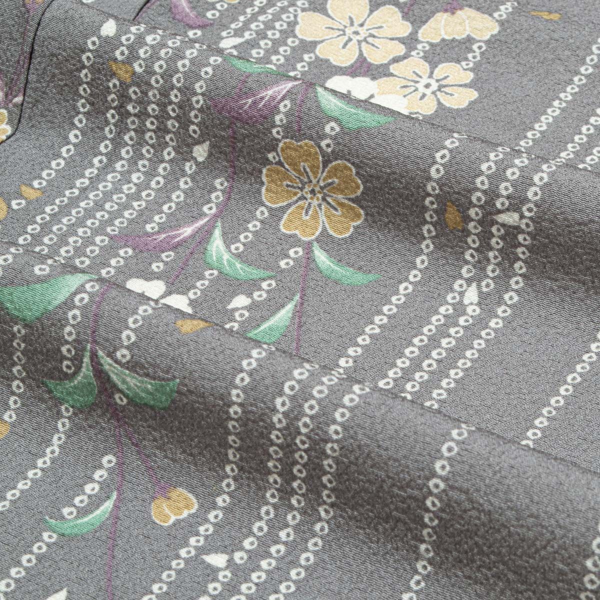 未使用品】小紋 単衣 友禅 疋田縞 枝垂れ桜 菊 縮緬 グレー 正絹