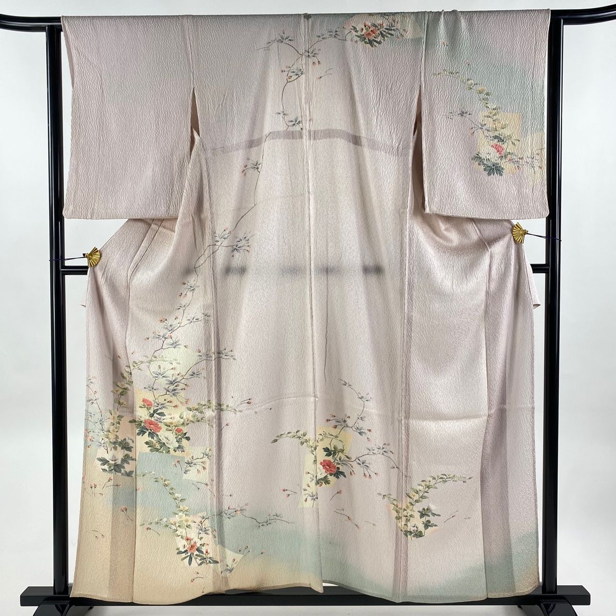 バイセル 着物 名品 訪問着 薄紫 一つ紋 花びら ぼかし 螺鈿 金彩 正絹 袷 164.5cm Mサイズ ☆☆☆☆ 訪問着 身丈160cm 裄丈64.5cm M 袷 枝花 灰茶 正絹 秀品 一