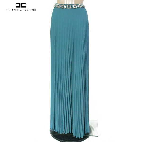 80 OFF エリザベッタフランキ ELISABETTA FRANCHI スカート40 ESK708 Mサイズ グリーンブルー レディース ロングスカート プリーツスカート ラインストーン イタリア製