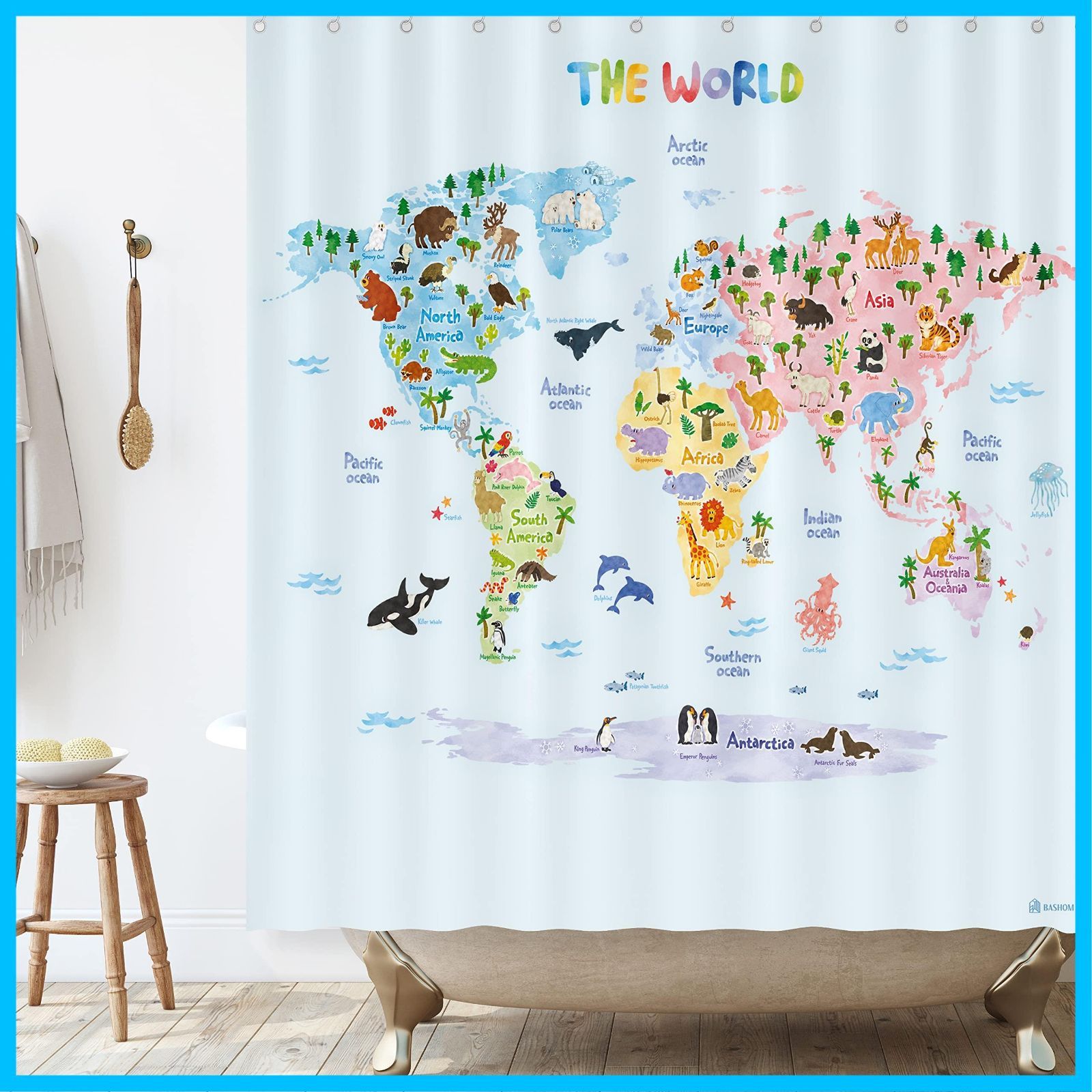 数量 ライナータペストリーバスタブ 国 教育 カラフルな 付き フック 12本 ファブリック ポリエステル 180x180cm 71 x71 浴室 装飾 洗える 防水 子供のためのシャワーカーテンセット 世界の動物地図 BSC-615 BASH