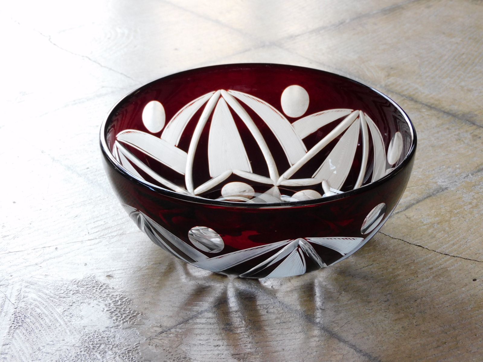 切子ガラスボウル アンティーク アンティーク赤切子ボウル 大正ロマンの幾何学模様