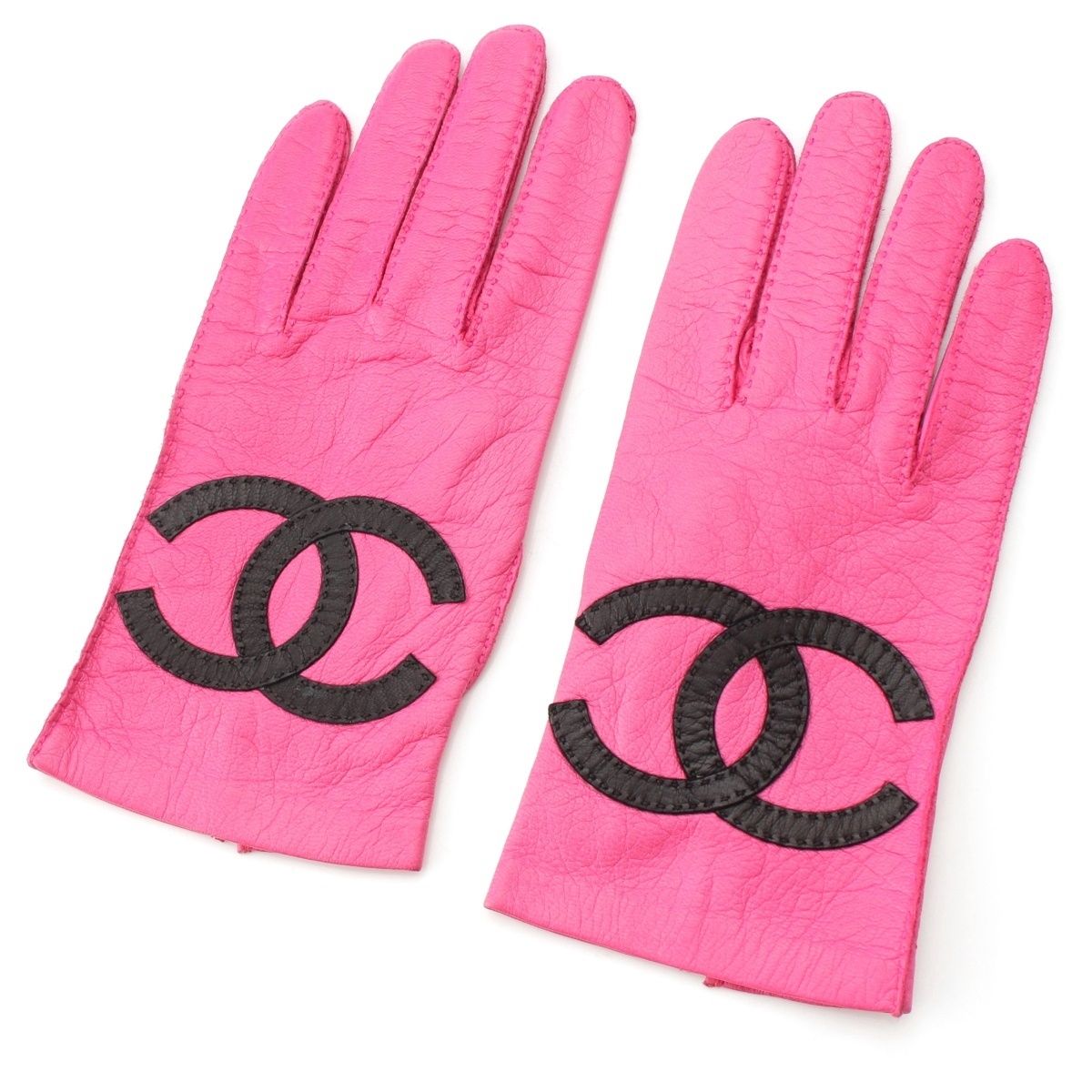 シャネル レザー ココマーク 手袋 グローブ ピンク×ブラック