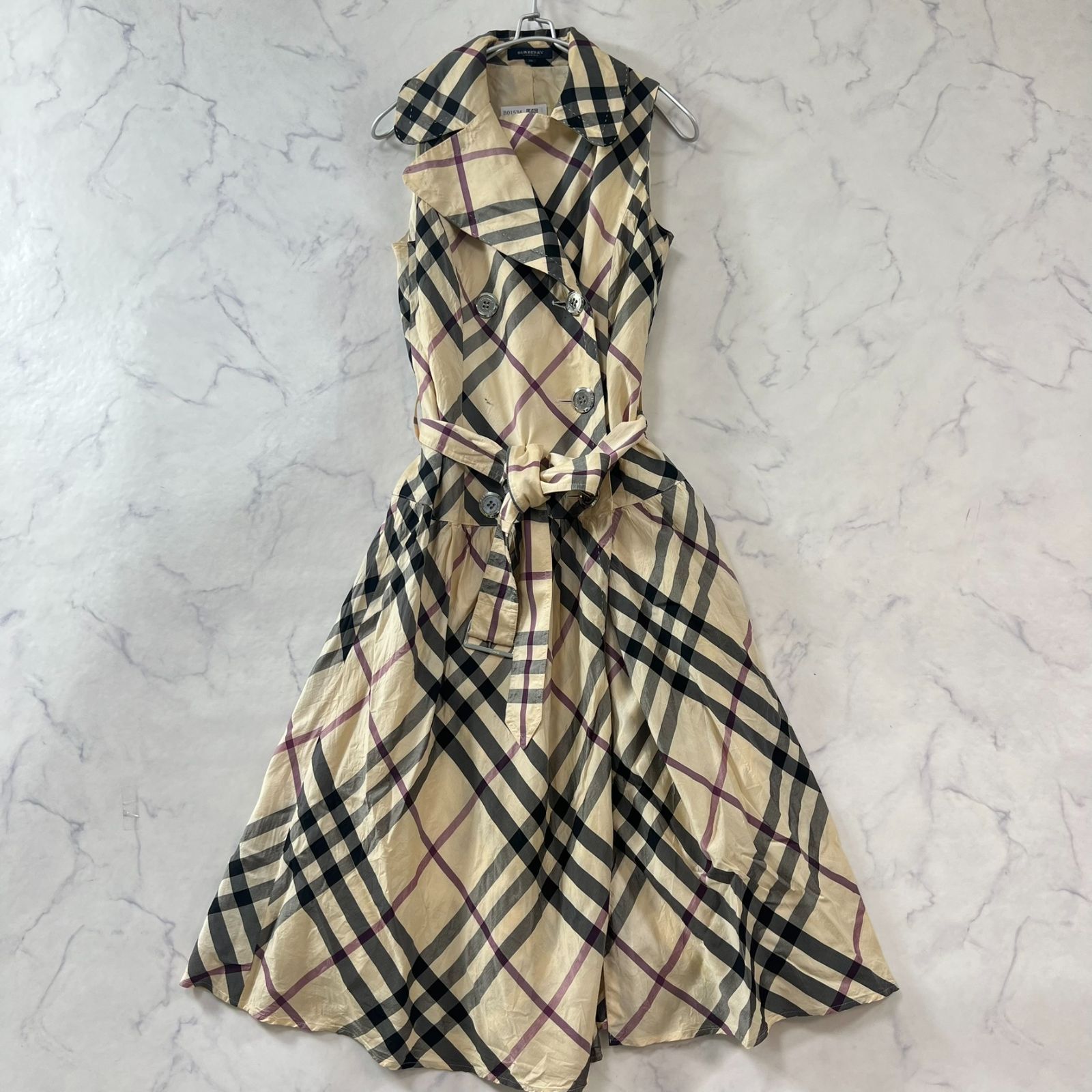 シルク混 バーバリーロンドン ノバチェックロングワンピース メタルロゴボタン ベルト ラップワンピース レディース S相当 ベージュ系 B1534