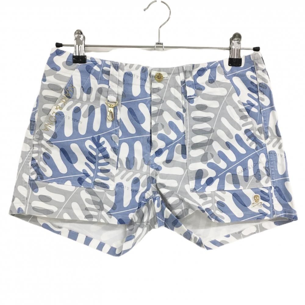 マークアンドロナ ショートパンツ 白×ブルー×グレー リーフ柄 スカル レディース M ゴルフウェア MARK＆LONA