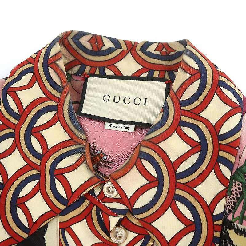 グッチ GUCCI シルク 虎 タイガー 総柄 ブラウス シャツ 長袖 赤 レッド マルチカラー /SY □OS - メルカリ