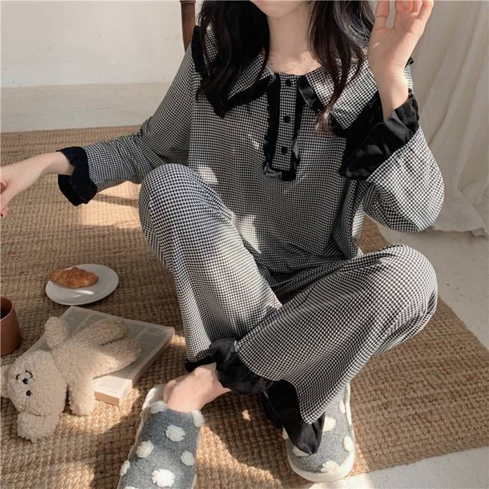 ルームウェア レディース 春 秋 おしゃれ かわいい 黒 長袖 トップス ルームパンツ 上下セット セットアップ 2点セット ゆったり 部屋着 パジャマ プルオーバー リラックスウェア 薄手 千鳥