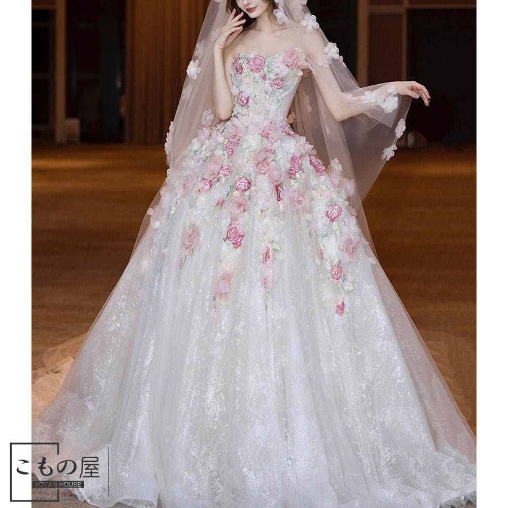 ウェディングドレス 花嫁 ロングドレス 結婚式 二次会 Aライン チュール レース 小花 デザイン