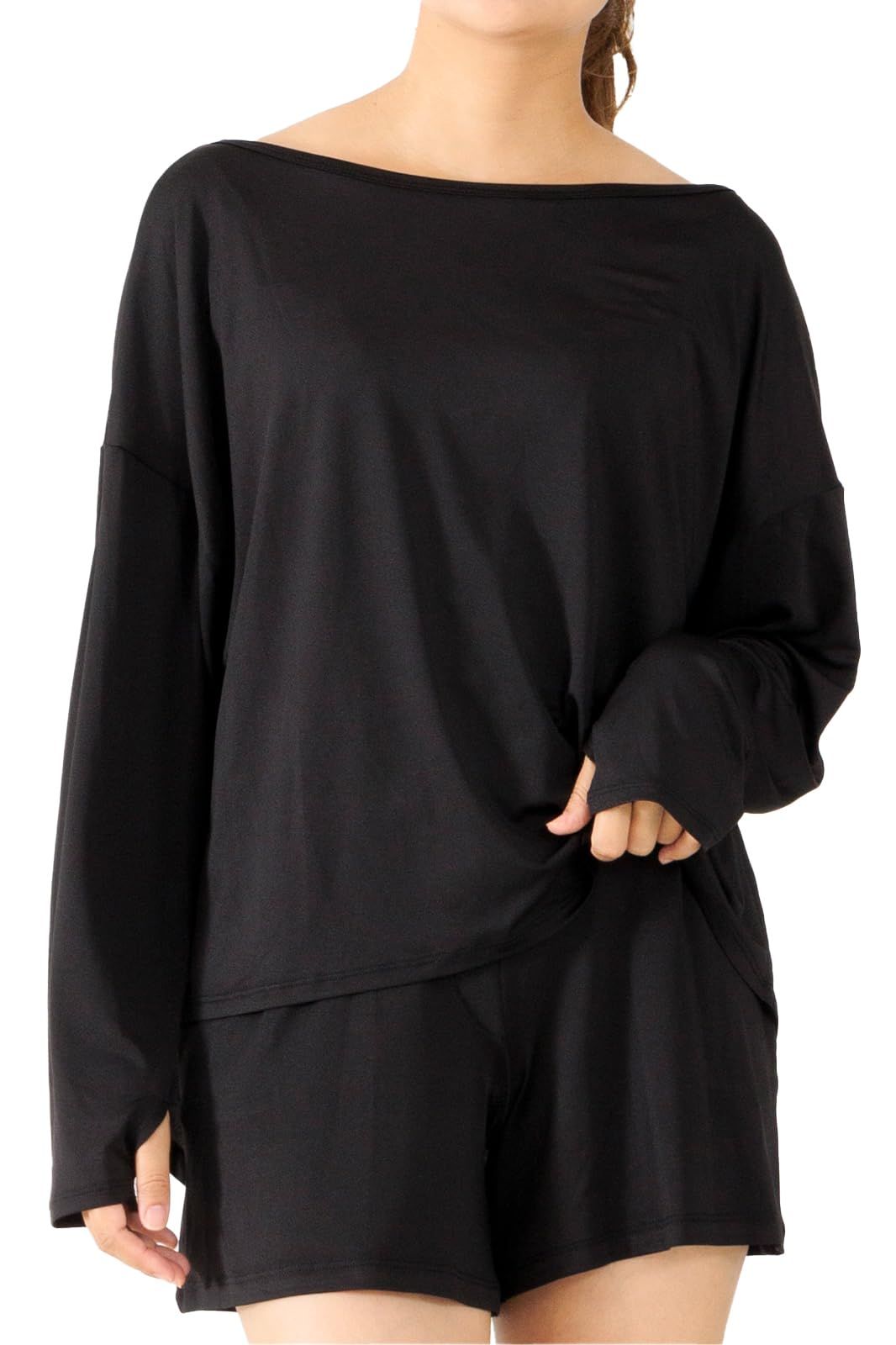 [アウニイ] ラッシュガード レディース 水着 体型カバー 接触冷感 Q-MAX UPF50+ UVカット 夏 オフショル トップス パンツ ママ水着 上下 セット軽量 速乾 セットアップ 長袖 指穴付き 冷感 ラッシ