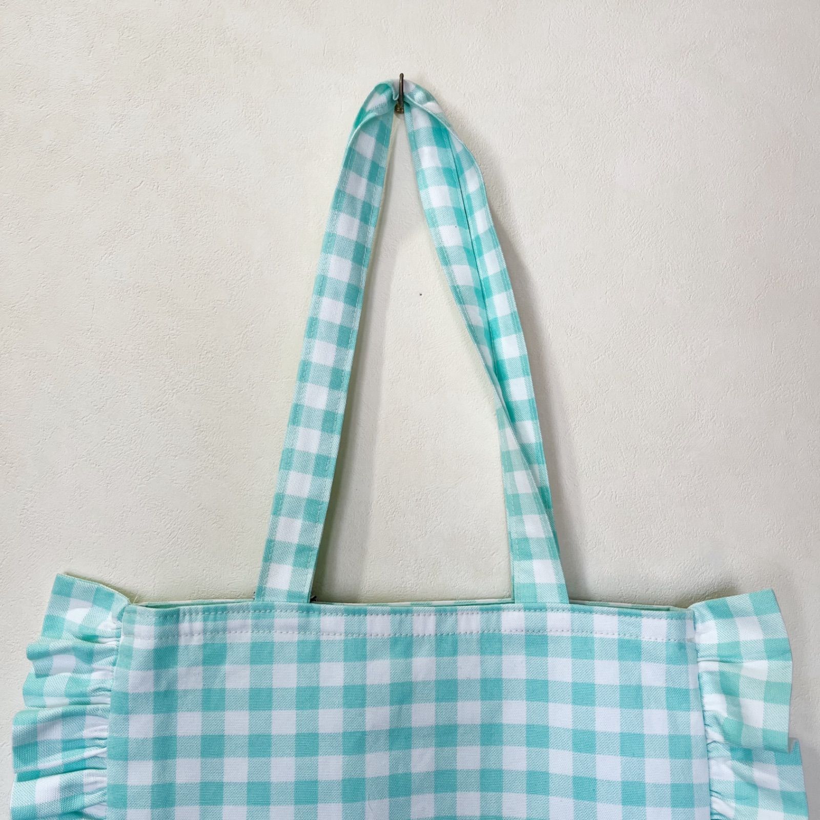 フリルバッグ 青 トートバッグ チェック リボン - メルカリ