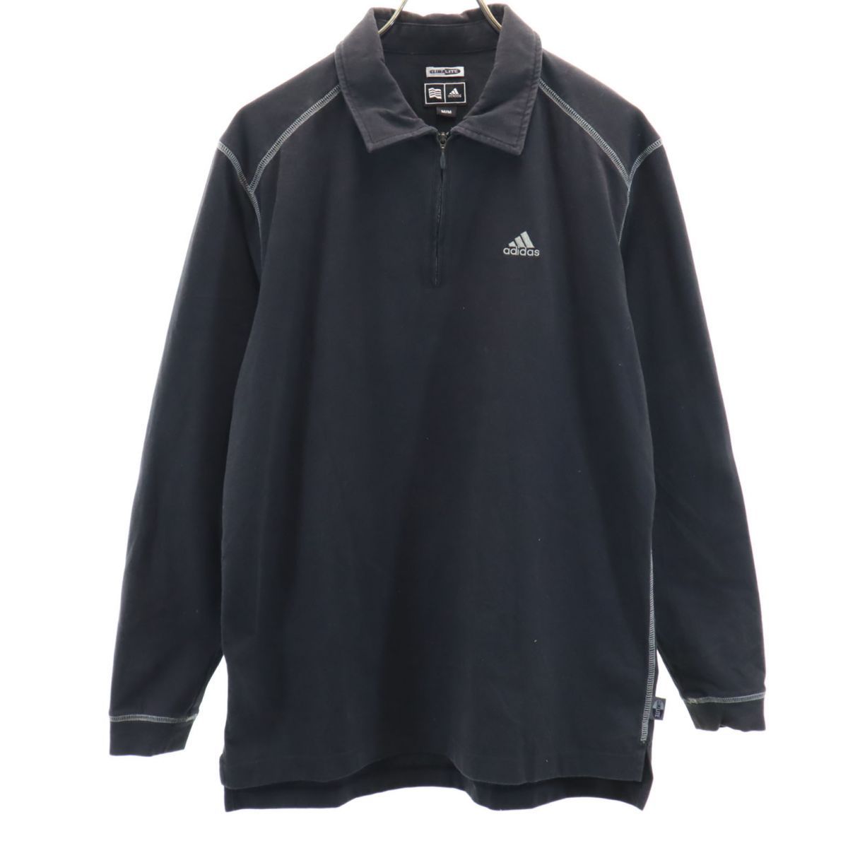 アディダス ロゴ刺繍 ゴルフ 長袖 ハーフジップ ポロシャツ M ブラック系 adidas CLIMALITE スポーツ メンズ 古着 【240323】
