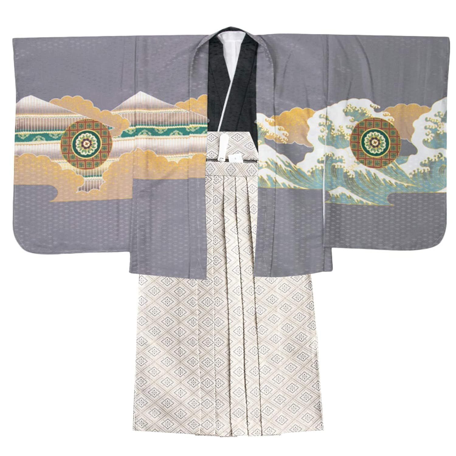  KYOETSU キョウエツ 七五三 5歳 男の子 着物 セット 羽織 袴 フルセット 753 鷹兜松 B 06 兜龍-灰 業平菱 紐下60 cm 着物 着物ドレス 着物 浴衣 和小物