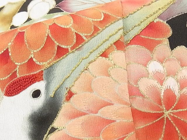 平和屋本店□極上 アンティーク 大正ロマン 振袖 刺繍 松竹梅飛鶴花文