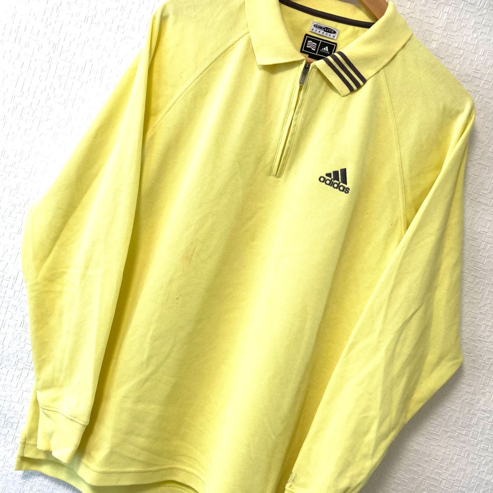 (^w^)b adidas アディダス ハーフジップ 長袖 ポロシャツ CLIMALITE ゴルフ ウェア スポーツ カジュアル 綿 コットン  ロゴマーク シンプル イエロー 黄色 メンズ サイズM 上着