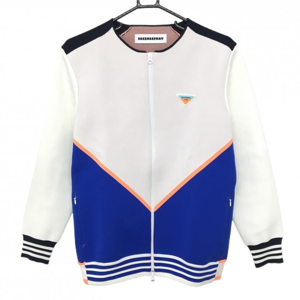 DECEMBER MAY ジャケット Decembermay 超美品】ディセンバーメイ ニットジャケット 白×ブルー 背面ロゴ
