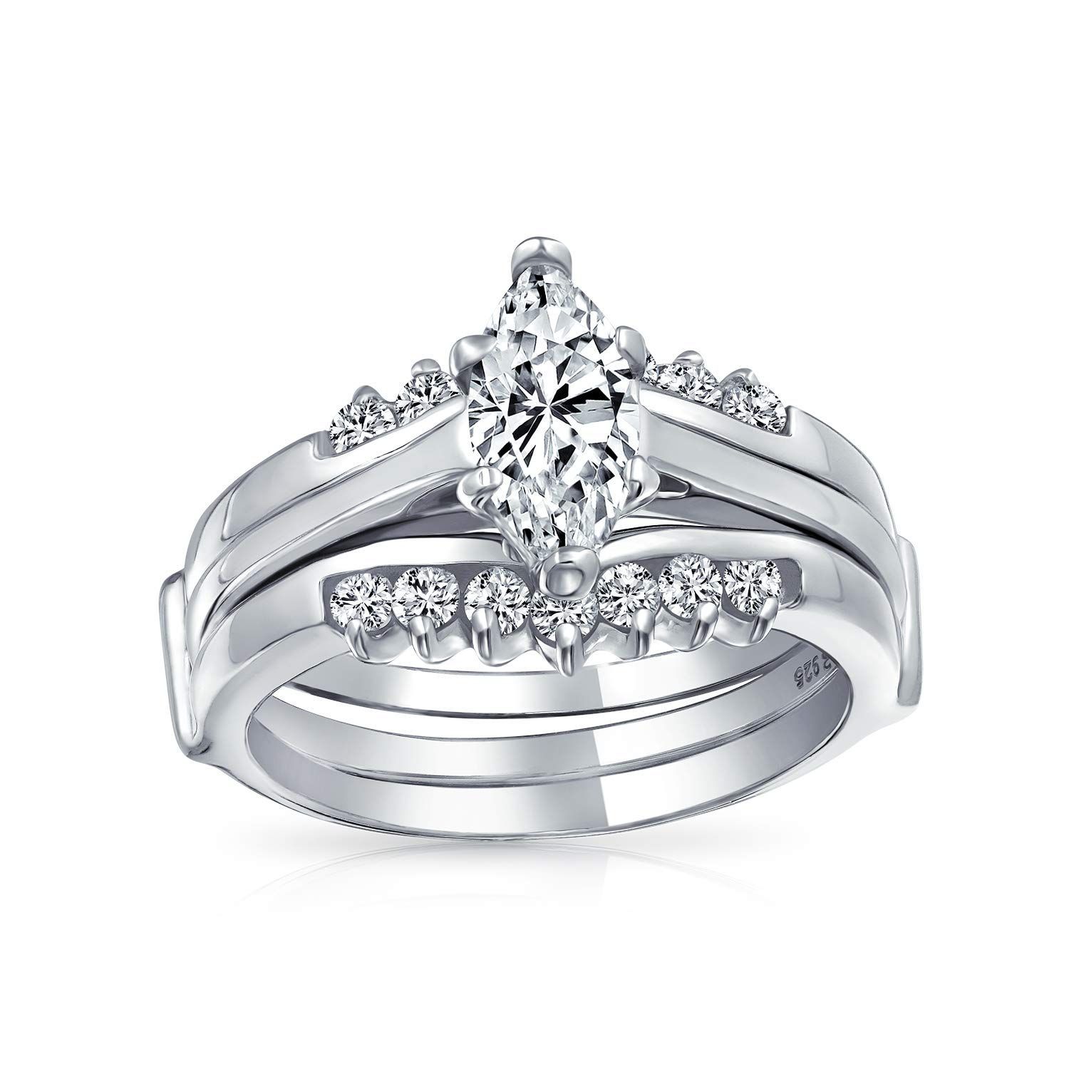 新着商品 ソリテア マーキス カット AAA ブリリアント CZ ラウンド バンド CTW インセット 1 ガード または エンハンサー周年婚約結婚指輪セット女性 2.5 .925 ブライダル伝統的な スターリング Jewelry シルバーのため Bli