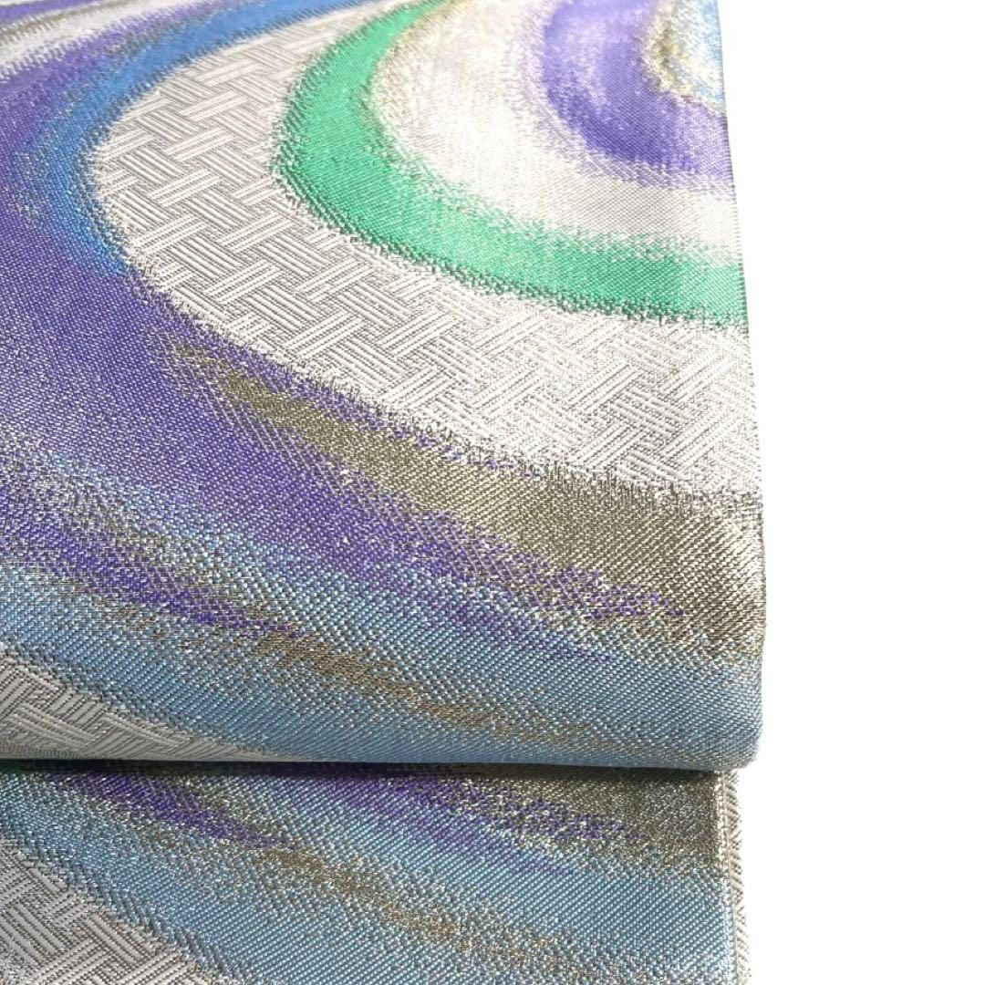 袋帯 流水 檜垣 水色 緑 紫 銀糸 着物 023a d - メルカリ