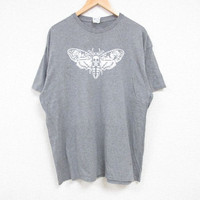 XL/古着 半袖 Tシャツ メンズ スカル チョウ クルーネック グレー 霜降り 24jul05 中古