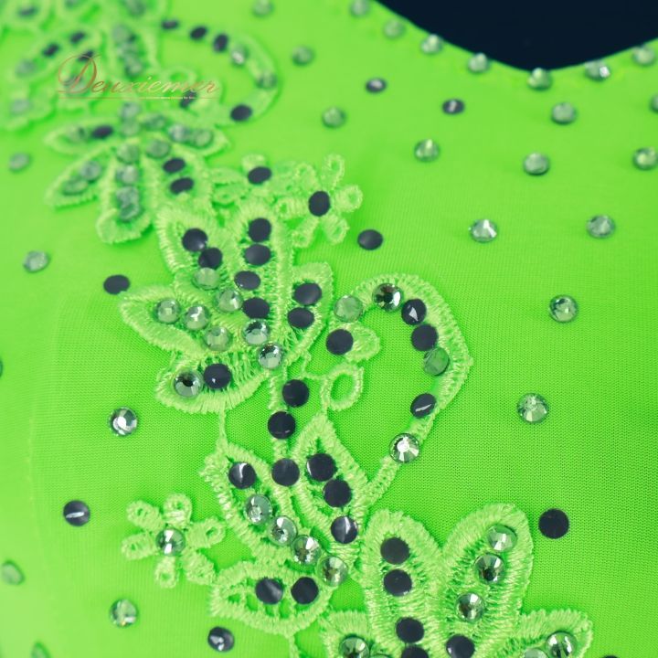 社交ダンス 衣装 ラテン ドレス ワンピース 黄緑 蛍光 デモ 競技  