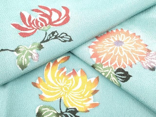 平和屋着物○本藍 型絵染 小紋 流水草花文 鬼しぼ縮緬