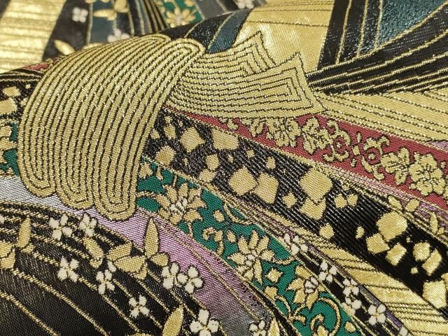 平和屋着物▽振袖用六通柄袋帯 束ね熨斗花蝶文 金糸 正絹 逸品