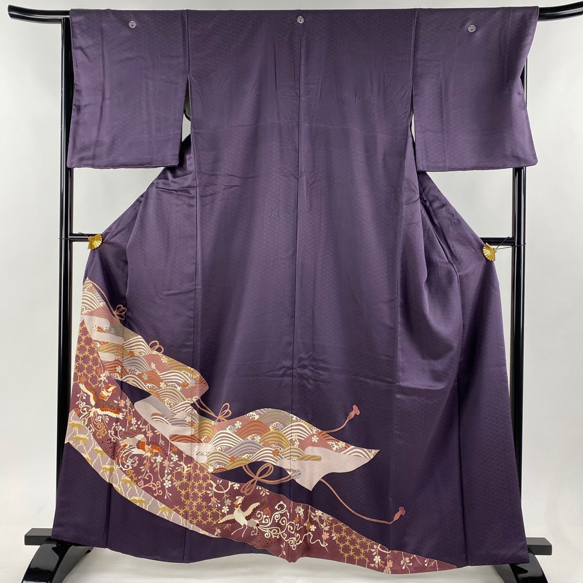 色留袖 身丈163.5cm 裄丈68cm L 袷 花鳥 波 金彩 染め分け 紫 正絹 秀品 三つ紋
