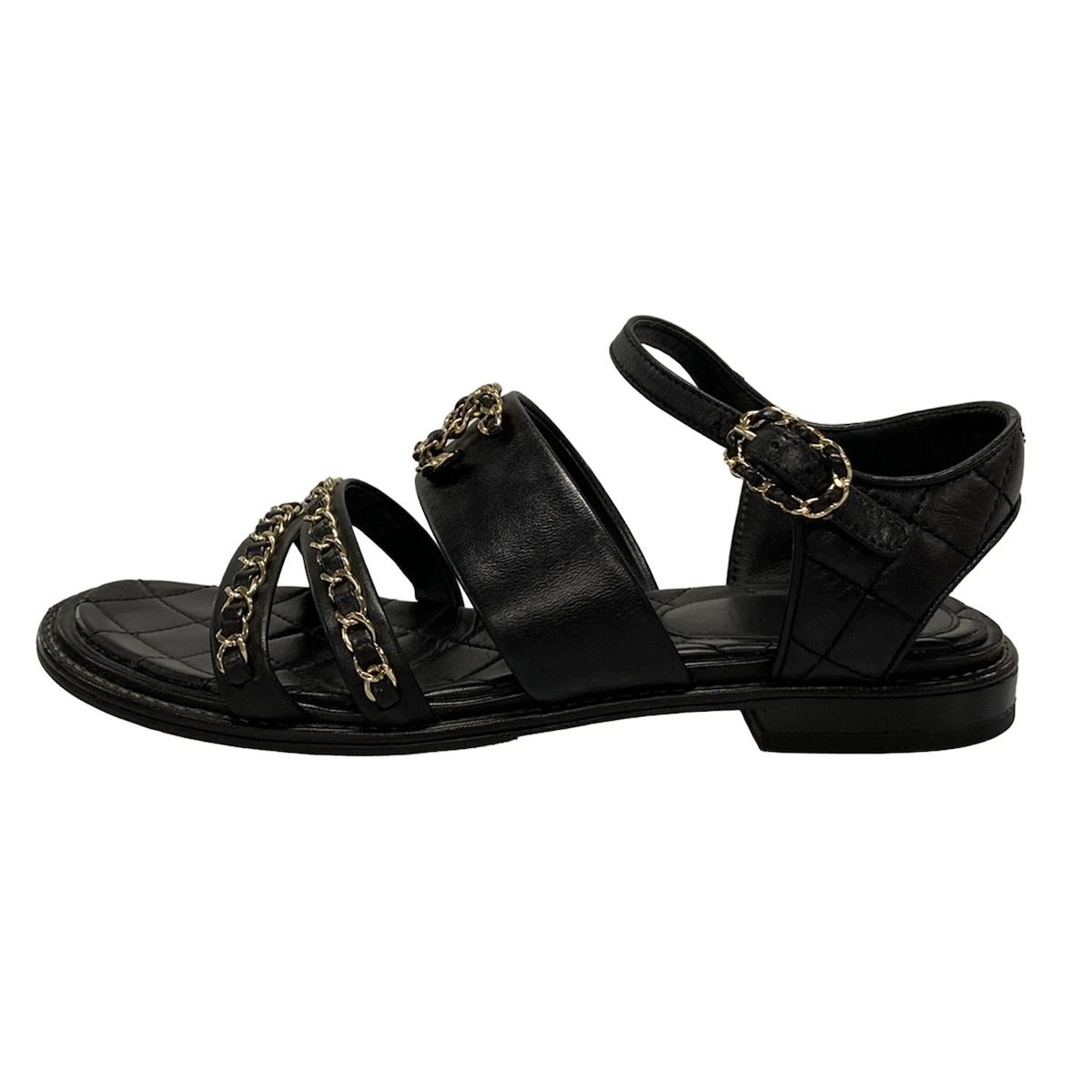 CHANEL シャネル サンダル 37C レディース - G31502 黒 ゴールド金具|チェーン|マトラッセ|アウトソール張替済 ラムスキン