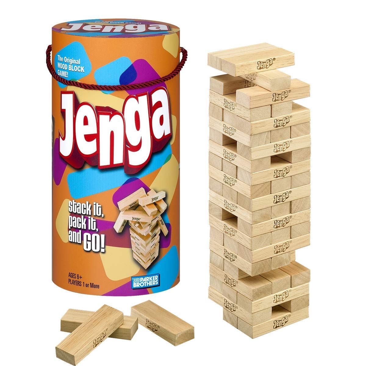 【在庫処分】ハズブロ(HASBRO) ジェンガ ゲーム、ジェンガ シリンダー、スタッキング バランスタワー、木製のブロックゲーム、1人以上のファミリーゲーム、6才以上の子供向けパーティゲー