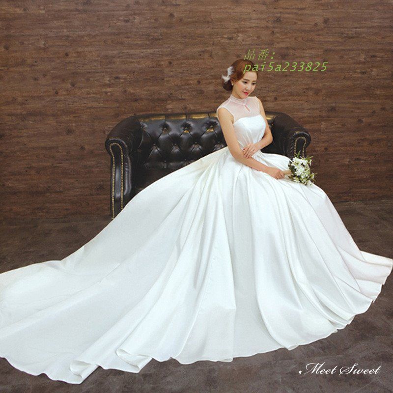 ウェディングドレス ロングドレス Aラインドレス ノースリーブ 二次会 ハイネック ウエディングドレス 花嫁 前撮り サテン ブライダル 挙式 結婚式 pai5a233825