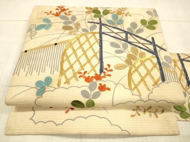 平和屋着物＊夏物 アンティーク 大正ロマン 九寸名古屋帯 絽縮緬 駒刺繍 籬草葉文 正絹 DAAX8722cm