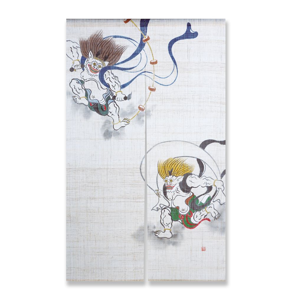 本麻 のれん 風神雷神-手描き- NK（生成）88×150 2割上部袋