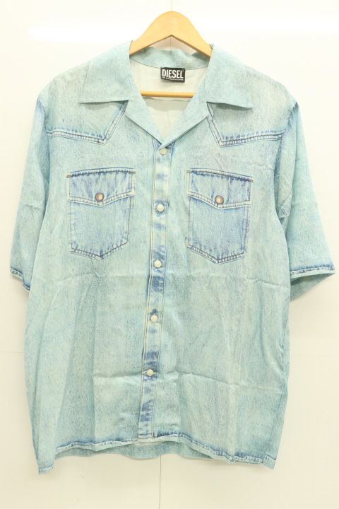 DIESEL メンズ半袖シャツ 48 S-Mac-Dnm Bowling Shirt DIESEL 48 水色 アクアブルー 無地